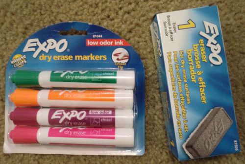 4 Pack Expo Dry Erase Markers and Eraser ~ New! Free Shipping!!