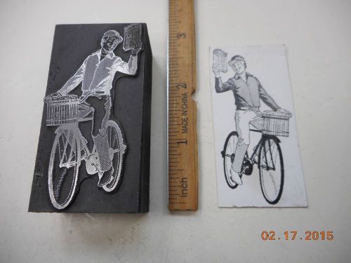 Letterpress Printing Printers Block, Paperboy on Bicycle throwing Newspaper