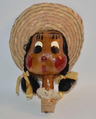 Vintage Mexican Doll Head Wine Bottle Cork Stopper Hand painted Folk Art
