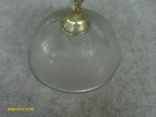 Vtg Industrial Ribbed, Retro Hanging Holophane Light w/ Glass Globe &amp; Bulb Cover