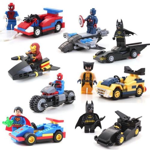 8 sets&amp;Cars Minifigures Super Heroes IronMan Spider Batman XMEN Superman Captain