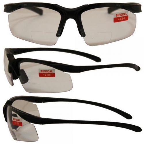 Global Apex Bifocal Safety Glasses w/2.0x Magnifying Clear Lenses &amp; Black Frame