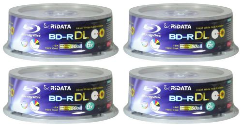 FOUR RIDATA BLU RAY 6X 50GB WHITE INKJET PRINTABLE BD-R DL 25 Packs 100 Discs