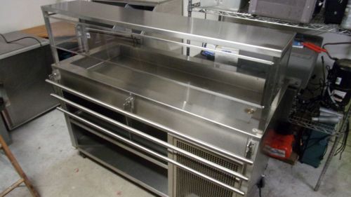 Stainless commercial cold table cart on casters with sneeze guard and tray rail for sale