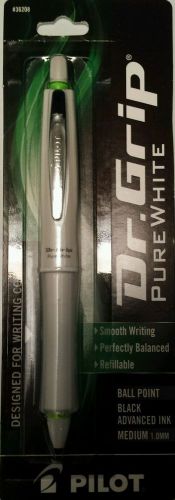 Pilot Dr Grip Pure White Ball Point Pen Black Ink Medium 1.0mm Green Accents