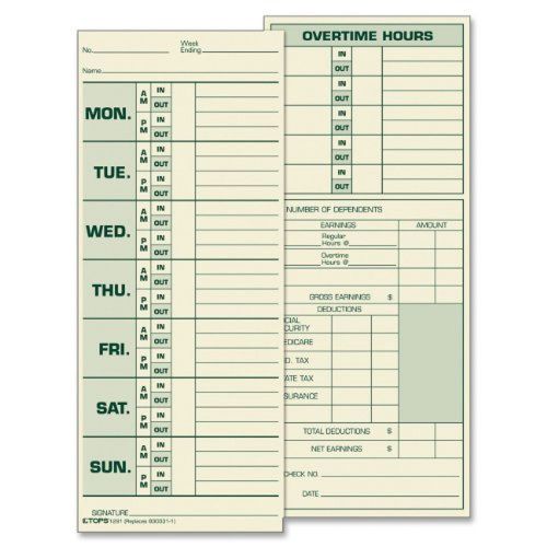 TOPS Time Cards, Weekly, 2-Sided, 3-1/2&#034; x 8-1/2&#034;, Green Print Front/Back, 1291