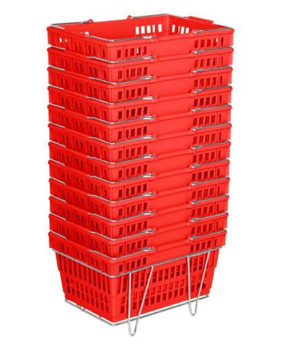 12 - Red 19&#034; x 13&#034; Plastic Grocery Market Shopping Basket Set with Stand