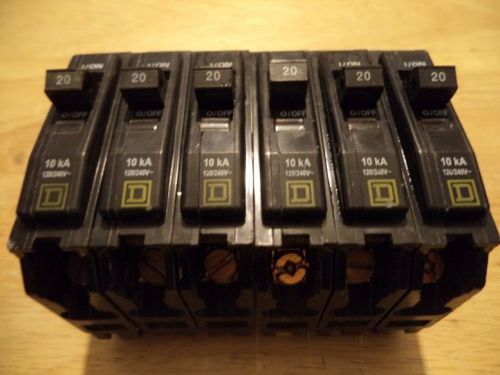 Lot of 6 Square D 1 pole 20 amp Type QO120 Circuit Breakers TESTED Free Shipping