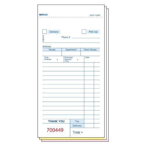 Daymark acr-11asp no-carbon delivery form guest check, 3 part, white, 6-3/4&#034; for sale