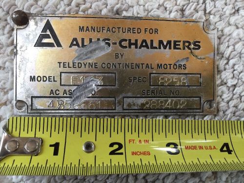 Vintage Engine ENGINE ID Block Serial No Metal Tag Sign Allis Charmers Tractor