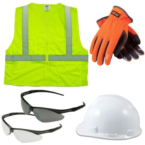 Work safety gear combo pack, vest, gloves, hard hat, and glasses for sale