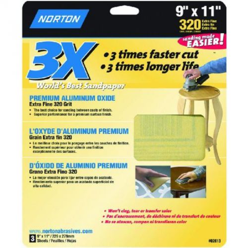 320 Grit, 9&#034; x 11&#034;, 3-Pack 3X Handy Aluminum-Oxide Sandpaper Norton 2613