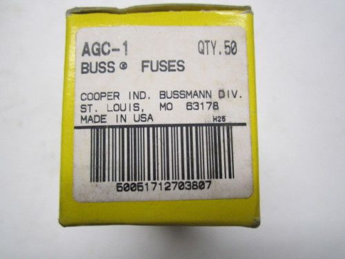 BUSSMAN BUSS  AGC-1 1 AMP FAST BLOWING GLASS FUSE  250VAC, BOX 0f 50