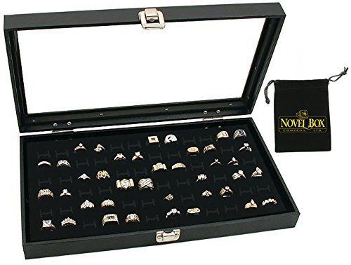 Novel Box® Glass Top Black Jewelry Display Case 72 Slot Compartment Ring Tray +