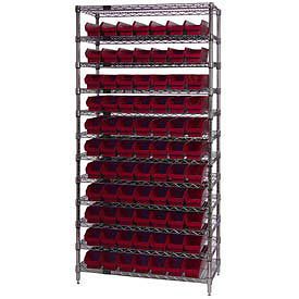 Wire Shelving With (77) 4&#034;H Plastic Shelf Bins Red, 36x14x74