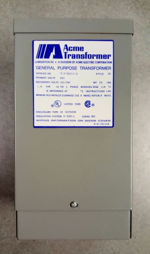 Acme T-2-53111-S Distribution Transformer 1.5 KVA 1 Pri 600 Sec 120/240