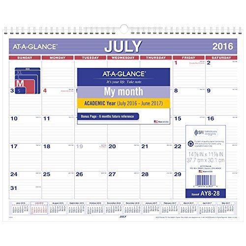 At-A-Glance AT-A-GLANCE Academic Year Monthly Wall Calendar, July 2016 - June