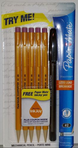 Paper Mate Sharpwriter Mechanical Pencils #2 0.7 mm, Yellow Barrel, 5-Pack + Pen