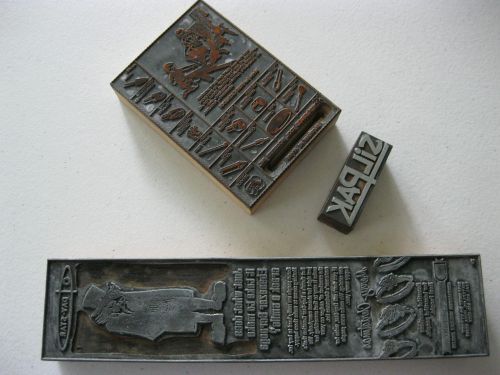 3 wood-backed printing blocks; 1 copper, 2 zinc/lead or other metal