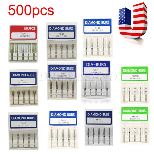 500 Dental Diamond Burs Flat-end Tapered Medium FG 1.6MM for High Handpiece &amp;QT