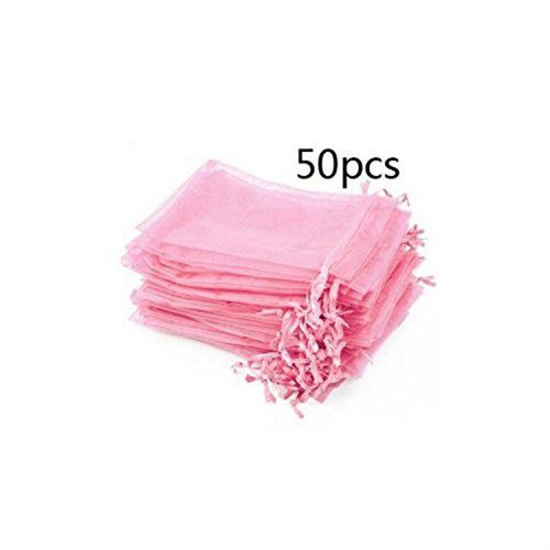 Bluecell Pack of 50 Pink color Organza Drawstring Gift Bag Pouch Wrap for Par...