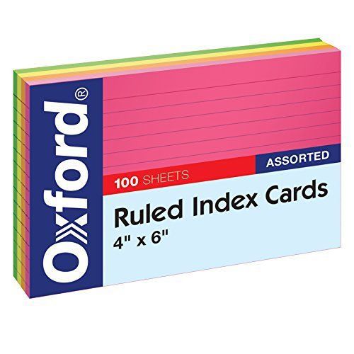 Oxford ruled index cards, 4&#034; x 6&#034;, assorted glow colors, 100/pack 99755 for sale