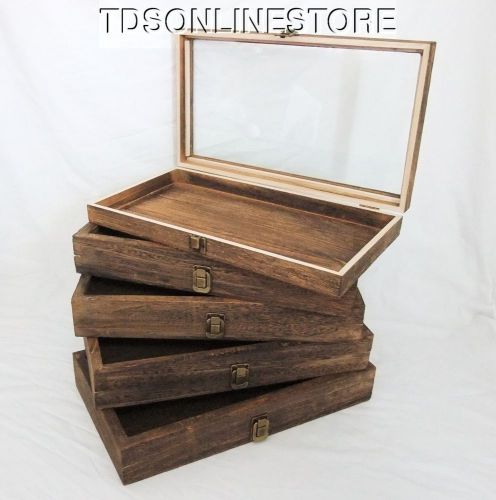Rustic Antique Brown Color Wood Glass Top Display Cases Package Of 5