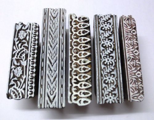 LOT OF 5 INDIAN WOOD HAND CARVED TEXTILE PRINT FABRIC BLOCK STAMP BORDER 002
