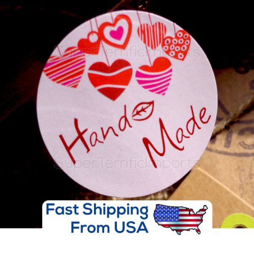 Beautiful &#039;Hand Made&#039; Stickers, with red &amp; pink hearts. 1.4&#034;