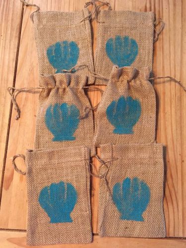 6 Burlap Bags 5 x 7 Hand Painted Drawstring Nautical Sea Shell Blue Party Swag