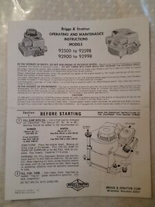 Vtg Briggs &amp; Stratton Operating &amp; Maintenance Instructions, Models 92500-92598++