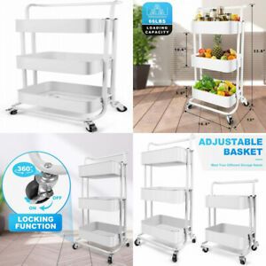 Homchwell 3 Tier Metal Utility Rolling Cart with Lockable Wheels, White