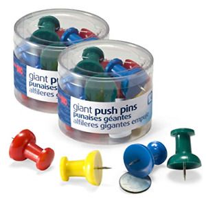 Officemate Giant Push Pins, 1.5&#034; Assorted Colors, 2 Tubs of 12 92905