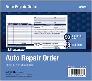 Adams Auto Repair Order Forms, 8.5 x 7.44 Inch, 3-Part, Carbonless, 50-Pack