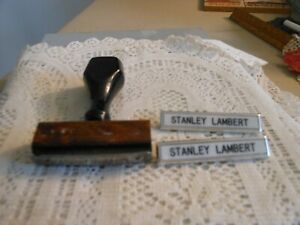 Vtg Wood Hand Held Ink Stamp with Metal Plate: Stanley Lambert &amp; 2 Name Pins