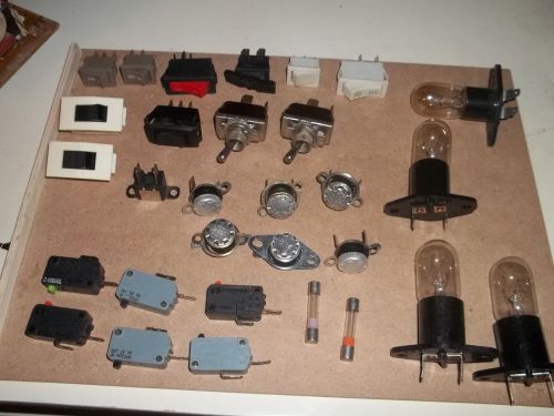 ASSORTED MICROWAVE SWITCHES, BULBS, FUSES, AND TEMP CONTOLS