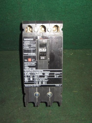 Siemens 20 amp 600v circuit breaker hhed63b020 used for sale