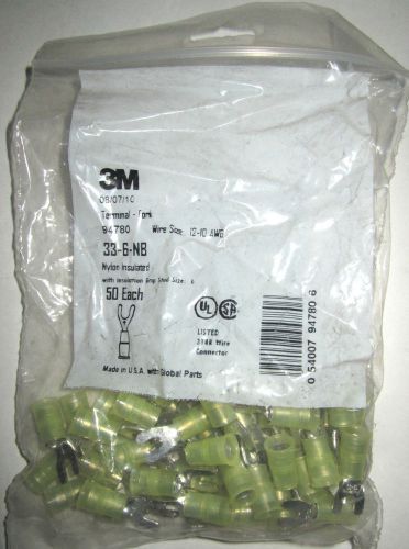 New 3m 94780 nylon insulated fork terminal 12-10 awg 50 pack yellow stud size 6 for sale