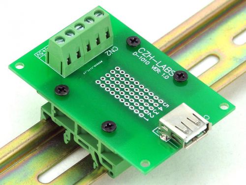 USB Type A Female Right Angle Jack Breakout Board, w/Simple DIN Rail Mount Feet.