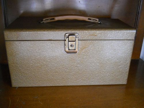 Vintage industrial machine age~metal tool box bin cabinet~tan~handle l for sale
