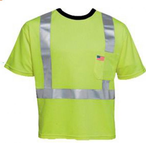 New Safety Reflective ANSI CLASS II Lime T-SHIRT W/ USA Flag POCKET T3022, XXL