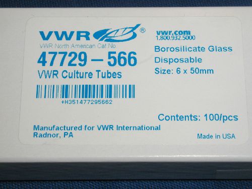 NEW VWR 6 x 50mm 47729-566 DISPOSABLE BOROSILICATE GLASS CULTURE TUBES 100/BOX