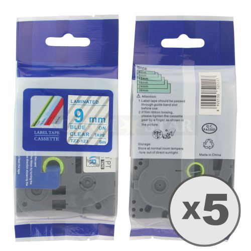 5pk blue on transparent tape label compatible for brother ptouch tz tze123 9mm for sale