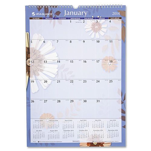 At-A-Glance Monthly Wall Calendar 1PPM 12Mths Jan-Dec Flwrs/Multi. Sold as Each