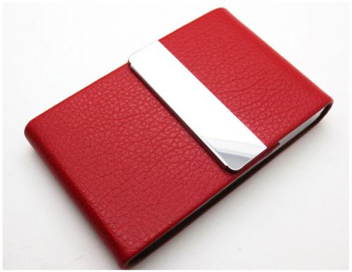 Red credit id card case pu leather box stainless steel business name card holder for sale