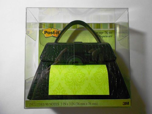 Post-it BLACK PURSE Pop-up Note Dispenser w/3&#034;x3&#034; Green Designed Notes - New!