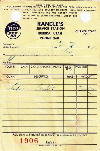 1951 2 Vintage Randle&#039;s Service Station Receipts Eureka Utah Car