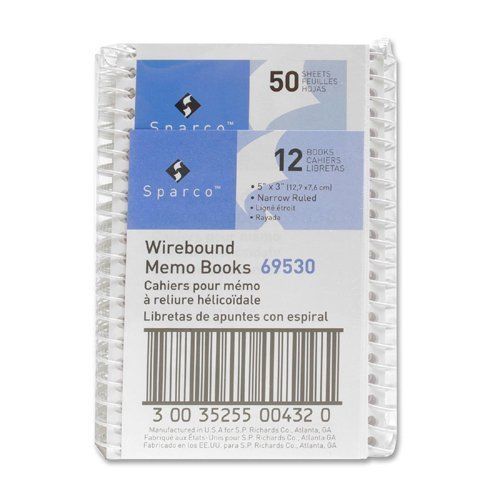 NEW Sparco Wirebound Memo Book, Side Spiral, 50 Sheets, 5 x 3 Inches, White