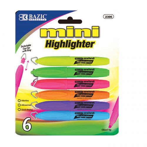 Bazic 6pcs/Pack Assorted Fluorescent Mini Highlighters W/ Detachable Clip Ring