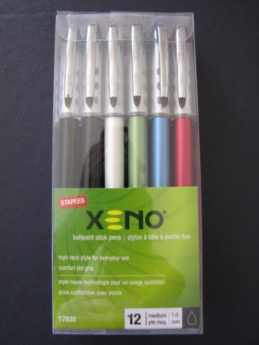 12 Staples Xeno Ballpoint Stick Pens  Medium Point 1.0  Black, Dozen 17838
